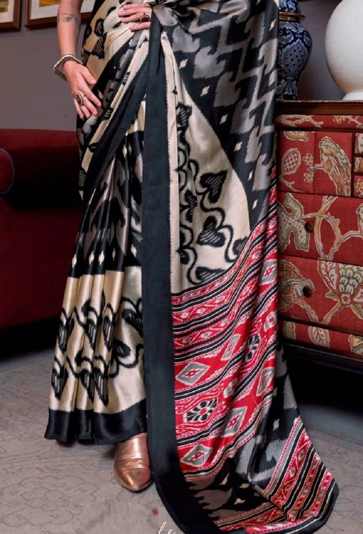Black faux crepe printed party-wear-sarees