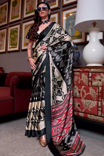 Black faux crepe printed party-wear-sarees
