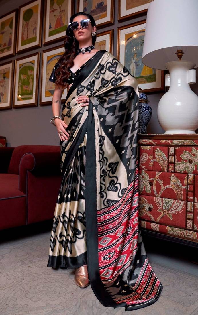 Black faux crepe printed party-wear-sarees