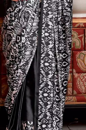 Black faux crepe printed party-wear-sarees