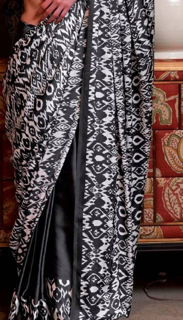 Black faux crepe printed party-wear-sarees