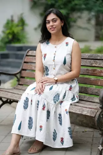 Premium white printed leaf jaipuri cotton skirt and top set with beautiful button