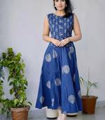 Premium blue printed leaf jaipuri cotton skirt and top set with beautiful button