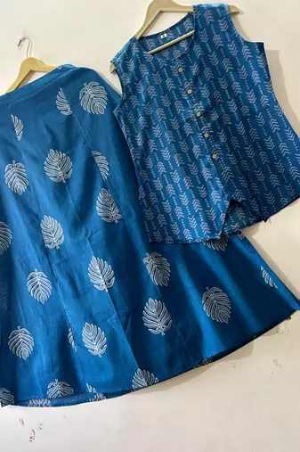 Premium blue printed leaf jaipuri cotton skirt and top set with beautiful button