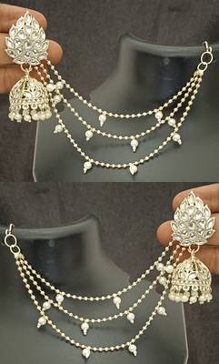 Polki kundan pearls jhumki earrings with kaan chain set 1
