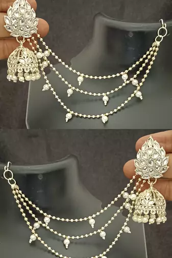 Polki kundan pearls jhumki earrings with kaan chain set