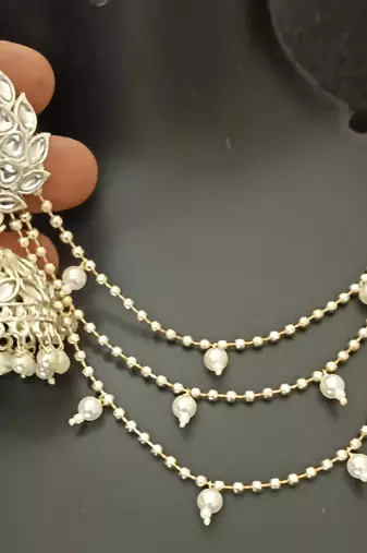 Polki kundan pearls jhumki earrings with kaan chain set