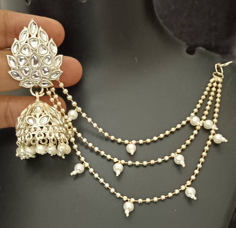 Polki kundan pearls jhumki earrings with kaan chain set