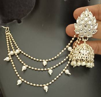Polki kundan pearls jhumki earrings with kaan chain set 3