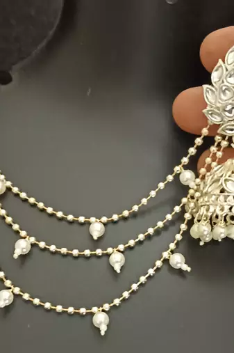 Polki kundan pearls jhumki earrings with kaan chain set