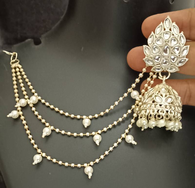 Polki kundan pearls jhumki earrings with kaan chain set