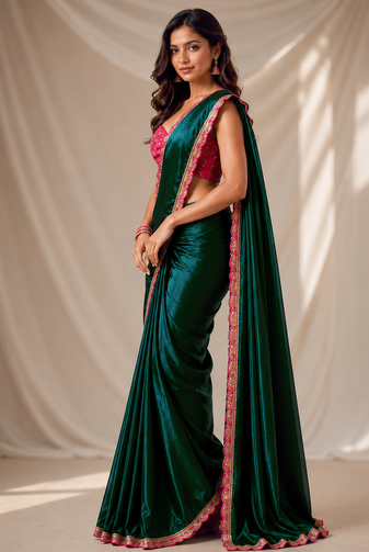 Designer Chinon Saree Decorated With Readymade Sequence Lace  And Contrast Sequence Embroidered Unstitched  Blouse Piece