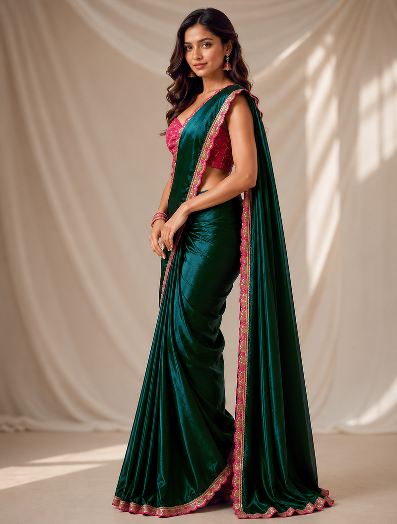 Designer Chinon Saree Decorated With Readymade Sequence Lace  And Contrast Sequence Embroidered Unstitched  Blouse Piece