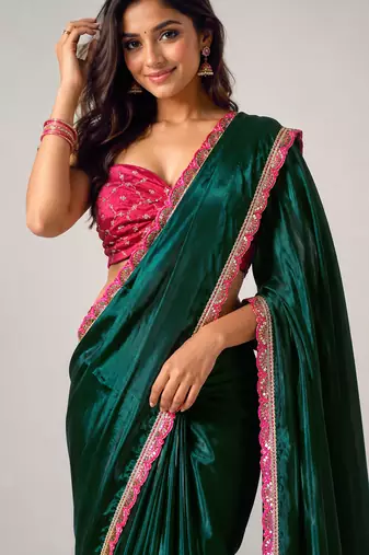 Designer Chinon Saree Decorated With Readymade Sequence Lace  And Contrast Sequence Embroidered Unstitched  Blouse Piece