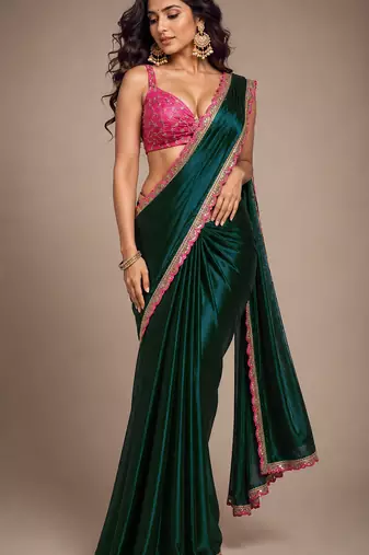 Designer Chinon Saree Decorated With Readymade Sequence Lace  And Contrast Sequence Embroidered Unstitched  Blouse Piece
