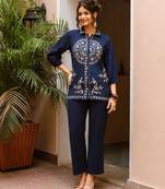 Women's Navy Blue Embroidered Shirt Palazzo Co-Ord Set | Premium Ethnic Fusion Wear
