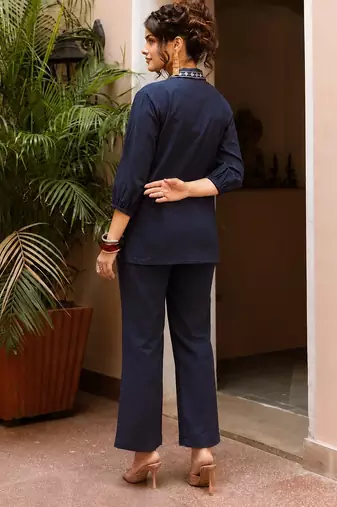 Women's Navy Blue Embroidered Shirt Palazzo Co-Ord Set | Premium Ethnic Fusion Wear