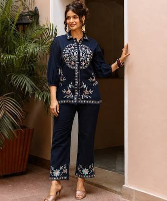 Women's Navy Blue Embroidered Shirt Palazzo Co-Ord Set | Premium Ethnic Fusion Wear 3
