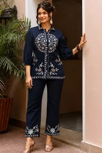 Women's Navy Blue Embroidered Shirt Palazzo Co-Ord Set | Premium Ethnic Fusion Wear