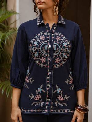 Women's Navy Blue Embroidered Shirt Palazzo Co-Ord Set | Premium Ethnic Fusion Wear 4