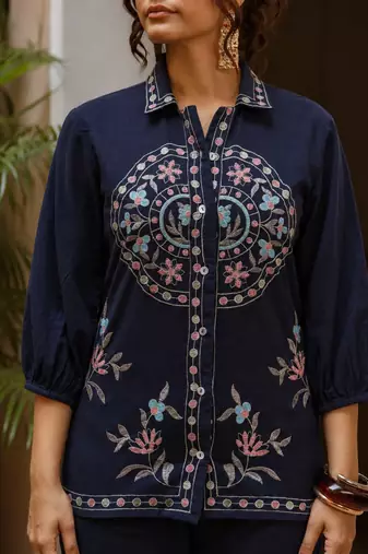 Women's Navy Blue Embroidered Shirt Palazzo Co-Ord Set | Premium Ethnic Fusion Wear