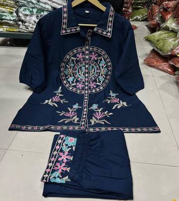 Women's Navy Blue Embroidered Shirt Palazzo Co-Ord Set | Premium Ethnic Fusion Wear 5