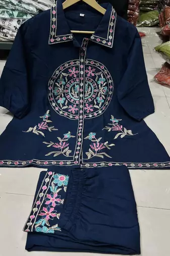 Women's Navy Blue Embroidered Shirt Palazzo Co-Ord Set | Premium Ethnic Fusion Wear