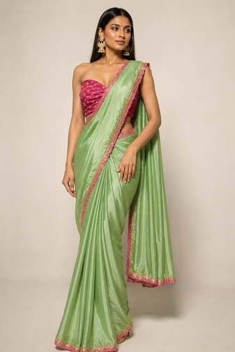 Designer Chinon Saree Decorated With Readymade Sequence Lace  And Contrast Sequence Embroidered Unstitched  Blouse Piece