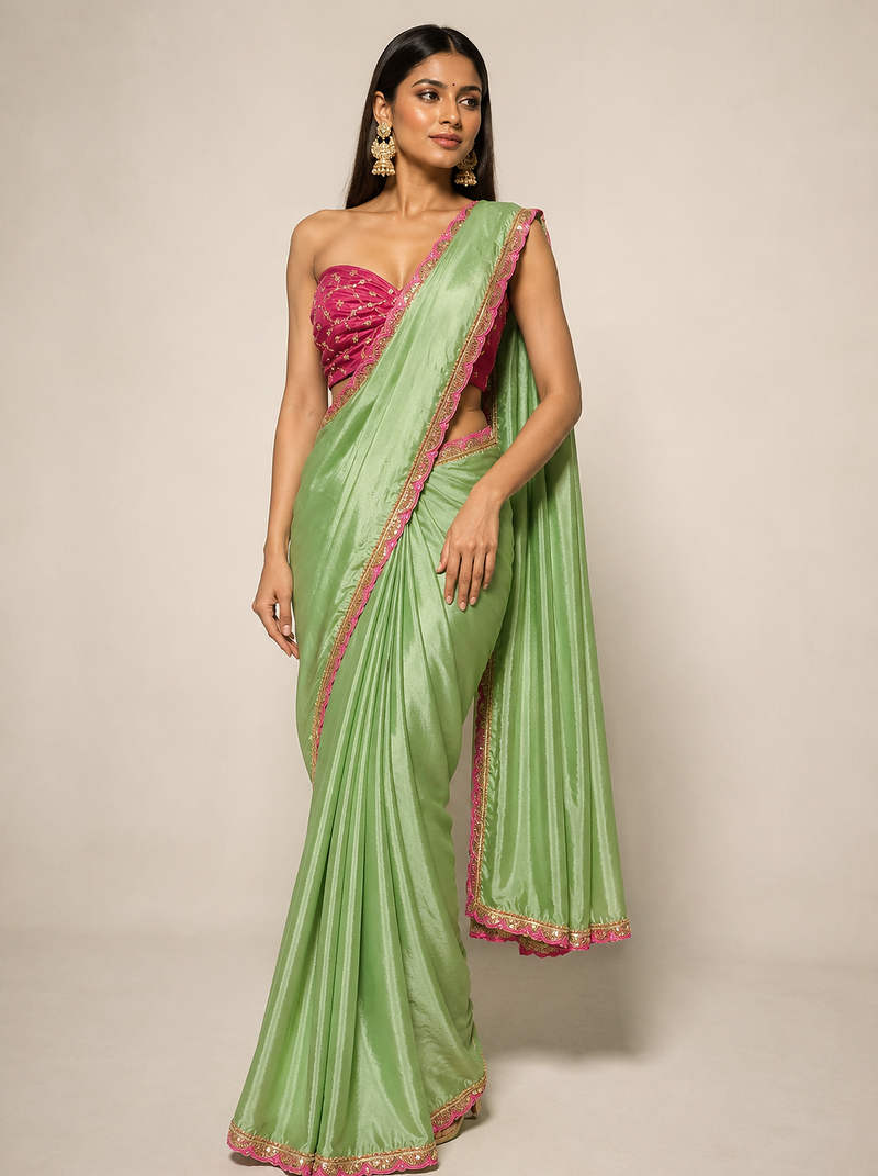 Designer Chinon Saree Decorated With Readymade Sequence Lace  And Contrast Sequence Embroidered Unstitched  Blouse Piece