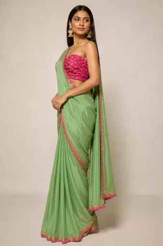 Designer Chinon Saree Decorated With Readymade Sequence Lace  And Contrast Sequence Embroidered Unstitched  Blouse Piece
