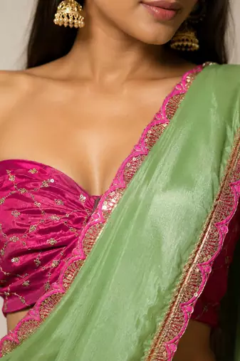 Designer Chinon Saree Decorated With Readymade Sequence Lace  And Contrast Sequence Embroidered Unstitched  Blouse Piece