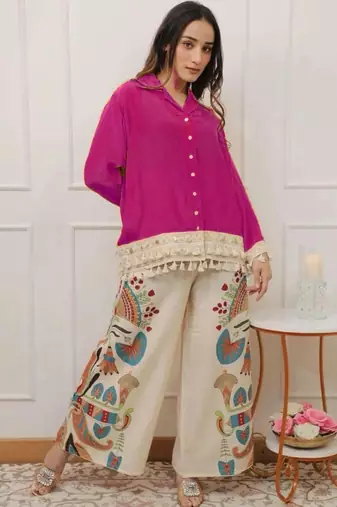 Women's Fuchsia Pink Shirt with Printed Palazzo Co-Ord Set | Boho Chic Casual Wear