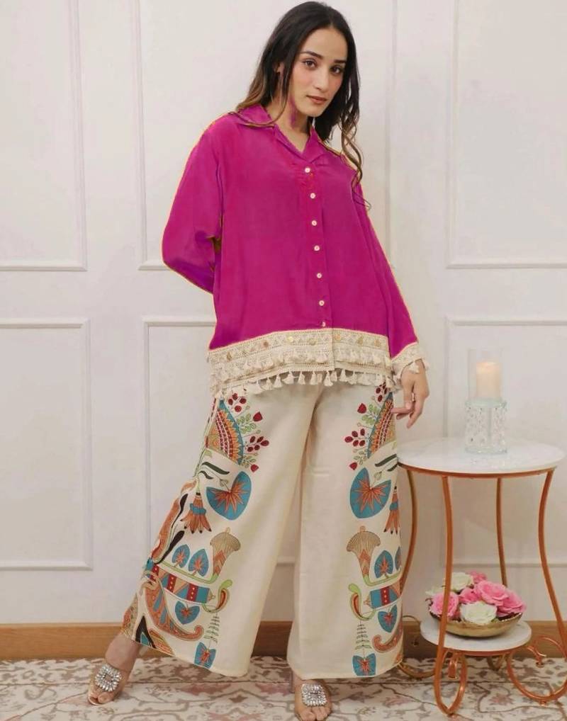Women's Fuchsia Pink Shirt with Printed Palazzo Co-Ord Set | Boho Chic Casual Wear