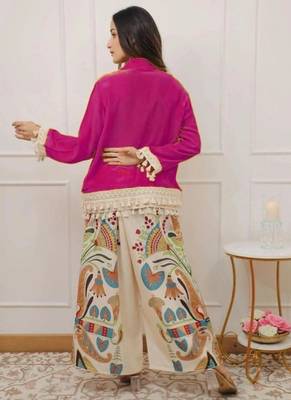 Women's Fuchsia Pink Shirt with Printed Palazzo Co-Ord Set | Boho Chic Casual Wear 2