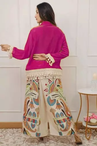 Women's Fuchsia Pink Shirt with Printed Palazzo Co-Ord Set | Boho Chic Casual Wear