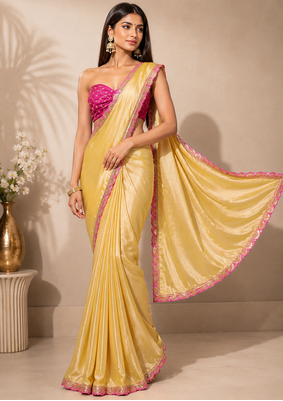 Designer Chinon Saree Decorated With Readymade Sequence Lace  And Contrast Sequence Embroidered Unstitched  Blouse Piece 1