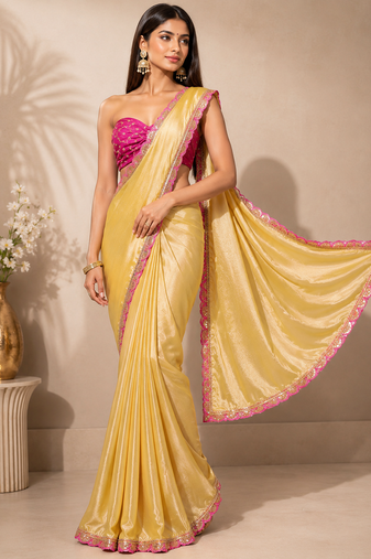 Designer Chinon Saree Decorated With Readymade Sequence Lace  And Contrast Sequence Embroidered Unstitched  Blouse Piece