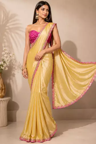 Designer Chinon Saree Decorated With Readymade Sequence Lace  And Contrast Sequence Embroidered Unstitched  Blouse Piece