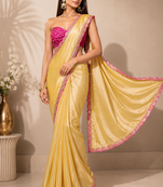 Designer Chinon Saree Decorated With Readymade Sequence Lace  And Contrast Sequence Embroidered Unstitched  Blouse Piece