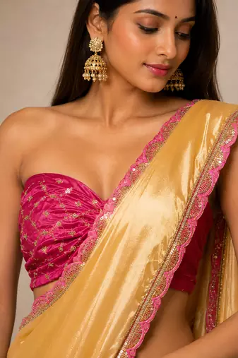 Designer Chinon Saree Decorated With Readymade Sequence Lace  And Contrast Sequence Embroidered Unstitched  Blouse Piece