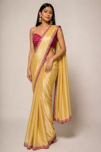 Designer Chinon Saree Decorated With Readymade Sequence Lace  And Contrast Sequence Embroidered Unstitched  Blouse Piece
