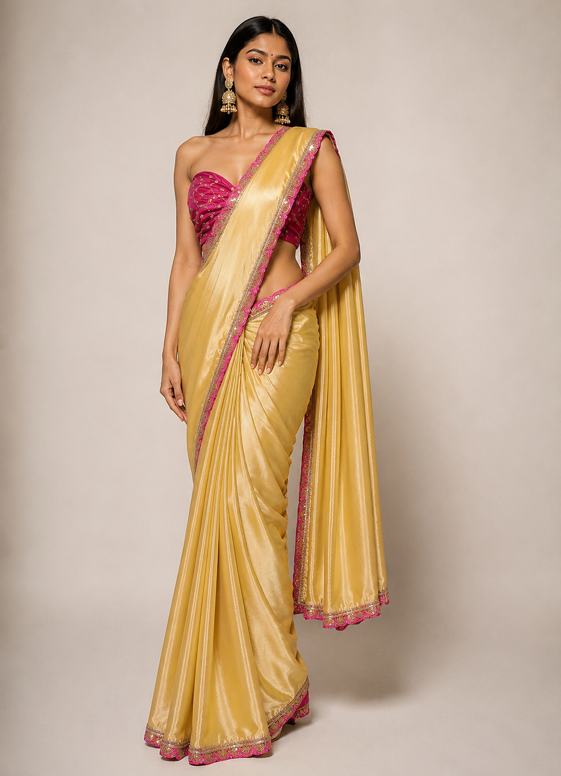 Designer Chinon Saree Decorated With Readymade Sequence Lace  And Contrast Sequence Embroidered Unstitched  Blouse Piece