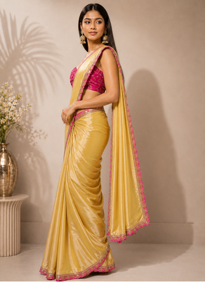 Designer Chinon Saree Decorated With Readymade Sequence Lace  And Contrast Sequence Embroidered Unstitched  Blouse Piece 4