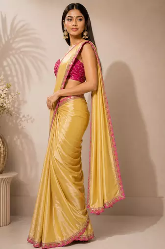 Designer Chinon Saree Decorated With Readymade Sequence Lace  And Contrast Sequence Embroidered Unstitched  Blouse Piece