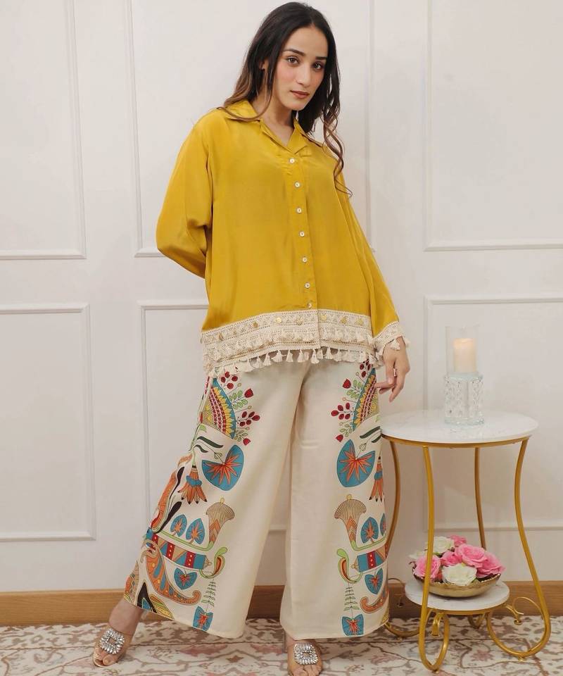 Women's Fuchsia Shirt with Printed Palazzo Co-Ord Set | Boho Chic Casual Wear