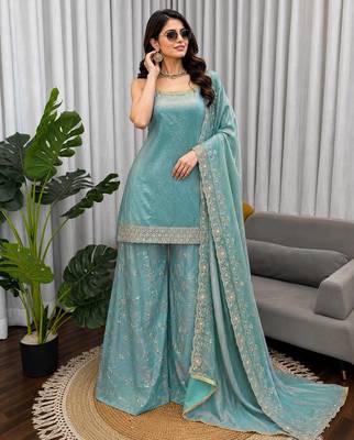 Sea green colour fendy silk palazzo suit with dupatta 1
