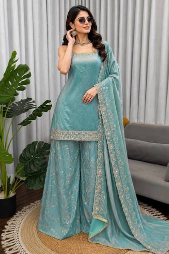 Sea green colour fendy silk palazzo suit with dupatta