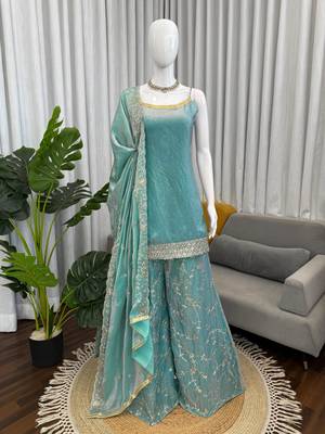 Sea green colour fendy silk palazzo suit with dupatta 2