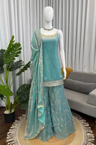 Sea green colour fendy silk palazzo suit with dupatta