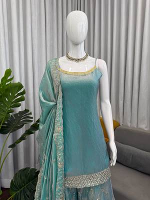 Sea green colour fendy silk palazzo suit with dupatta 3